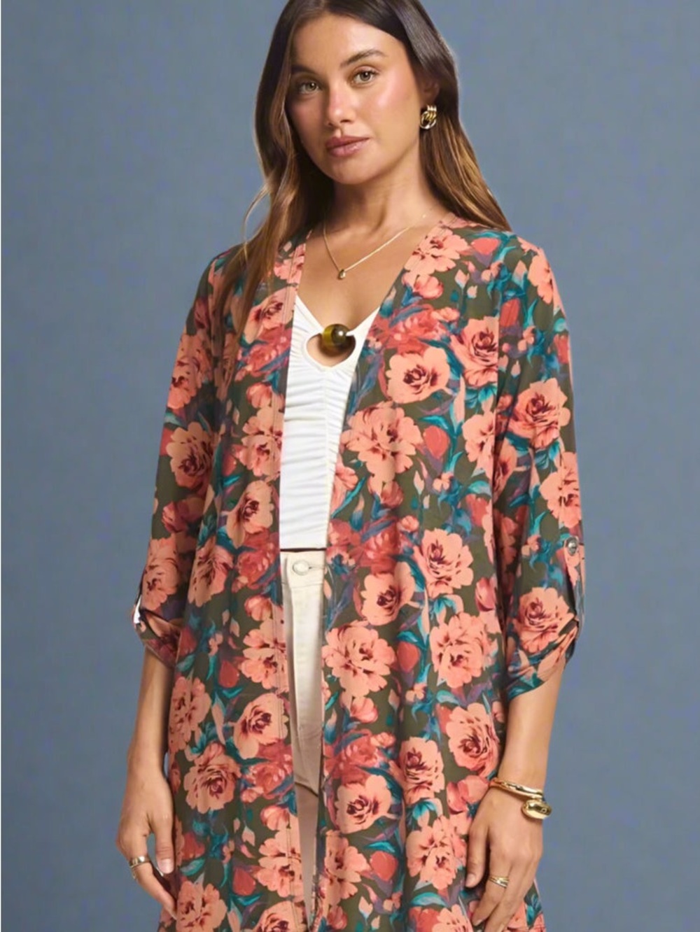 Dear Scarlett Large NWT Floral Lizzy Kimono in Coral and olive.